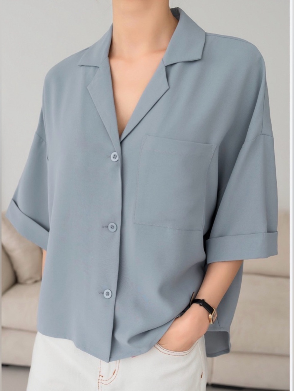 Dazy button front drop shoulder blouse blue small.   Oversized fit Short long